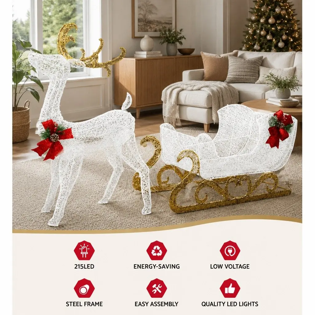 LED Christmas Lights Multi-color 215 Count 3D Reindeer Sleigh Indoor Outdoor Decoration