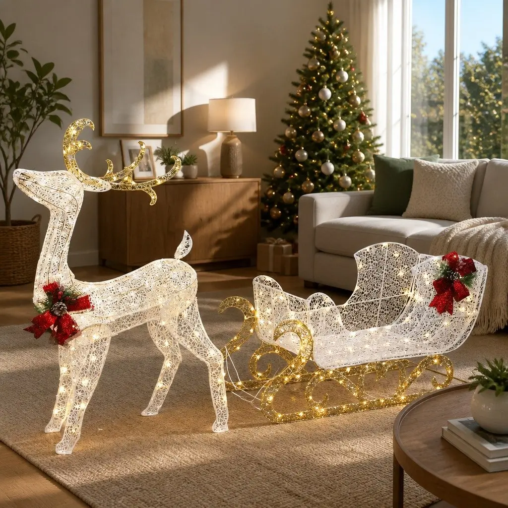 LED Christmas Lights Multi-color 215 Count 3D Reindeer Sleigh Indoor Outdoor Decoration