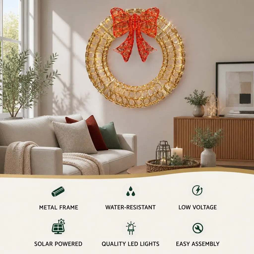 Solar LED Christmas Wreath White 0.6M 160 Warm White Lights Outdoor Decoration