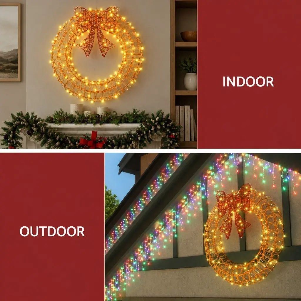 Solar LED Christmas Wreath White 0.6M 160 Warm White Lights Outdoor Decoration