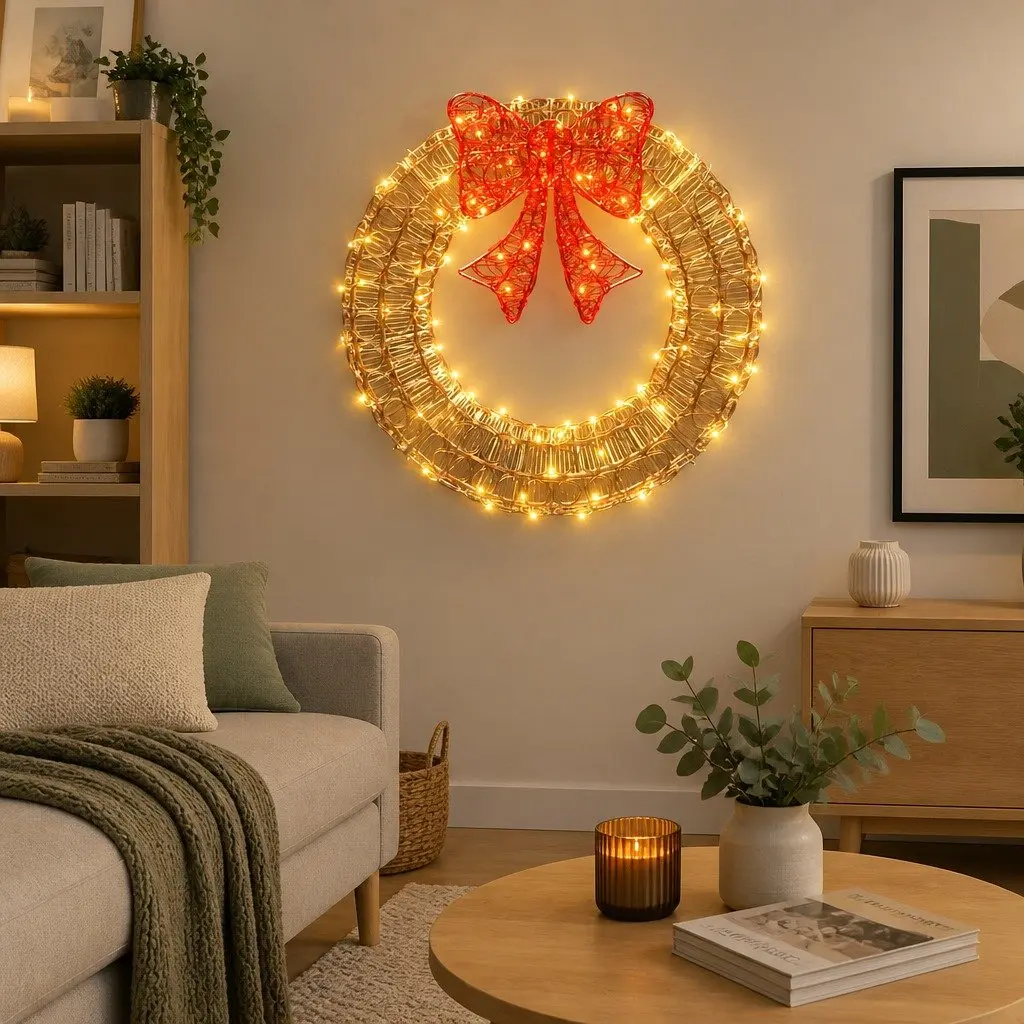 Solar LED Christmas Wreath White 0.6M 160 Warm White Lights Outdoor Decoration