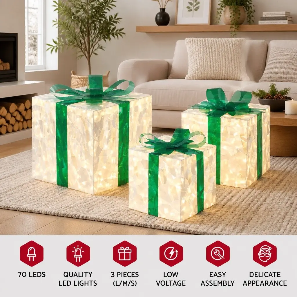 Christmas Lights Grey 3 Piece 70 LED Warm White Gift Box Outdoor Indoor Decor