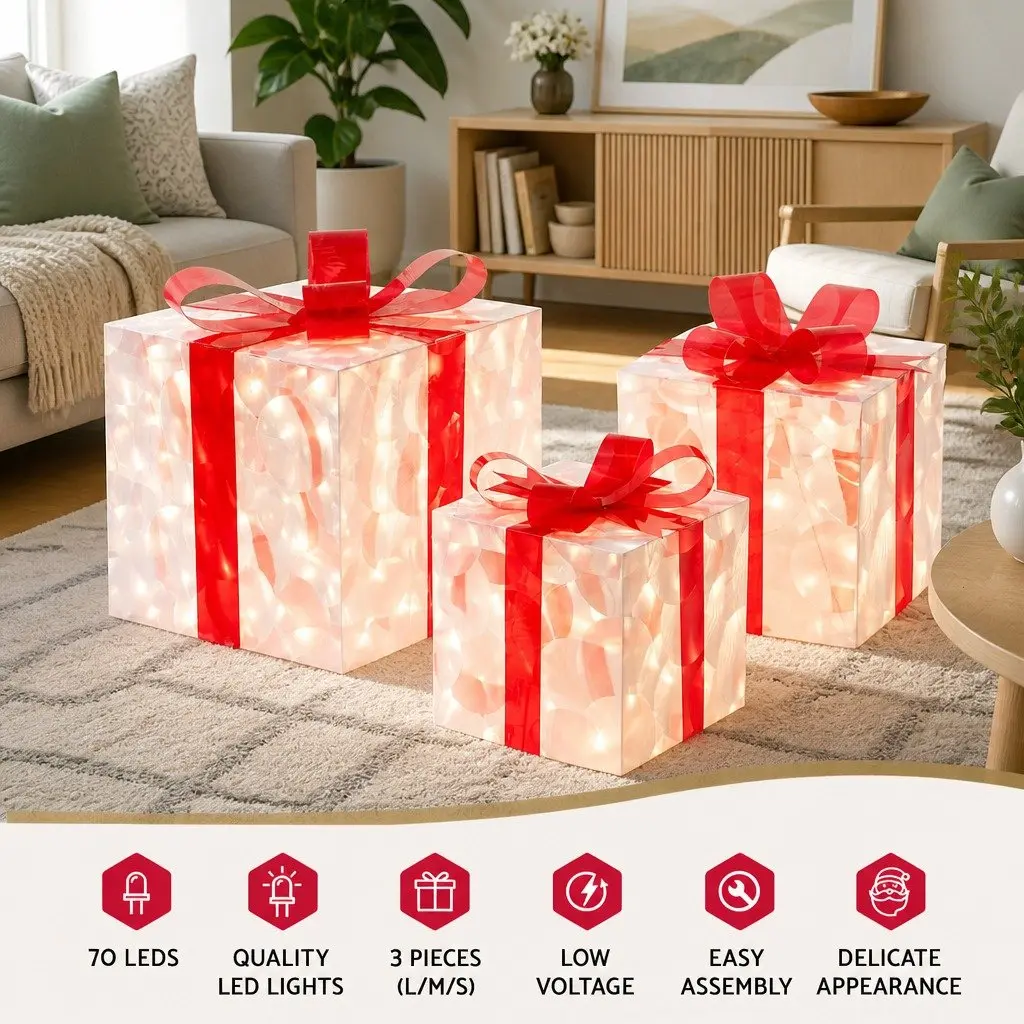 Christmas Lights Warm White 3 Piece Gift Box Indoor Outdoor Decoration 70 LED