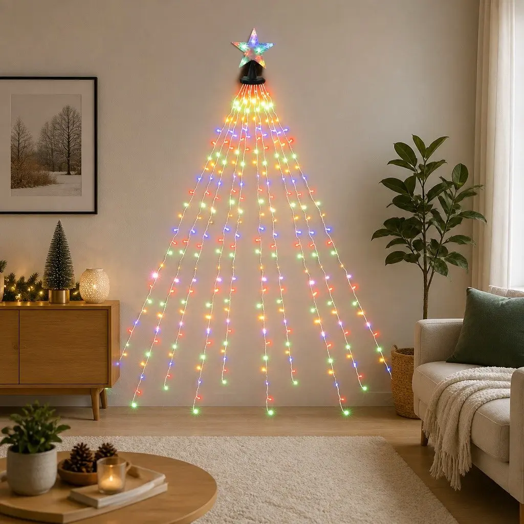 Christmas Waterfall String Lights Multicolour 2.5M 300 LED Star Topper Eight Lighting Modes