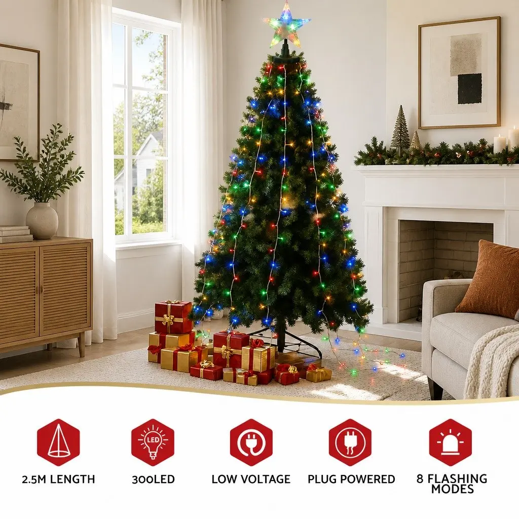 Christmas Waterfall String Lights Multicolour 2.5M 300 LED Star Topper Eight Lighting Modes