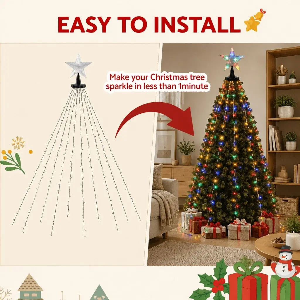 Christmas Waterfall String Lights Multicolour 2.5M 300 LED Star Topper Eight Lighting Modes