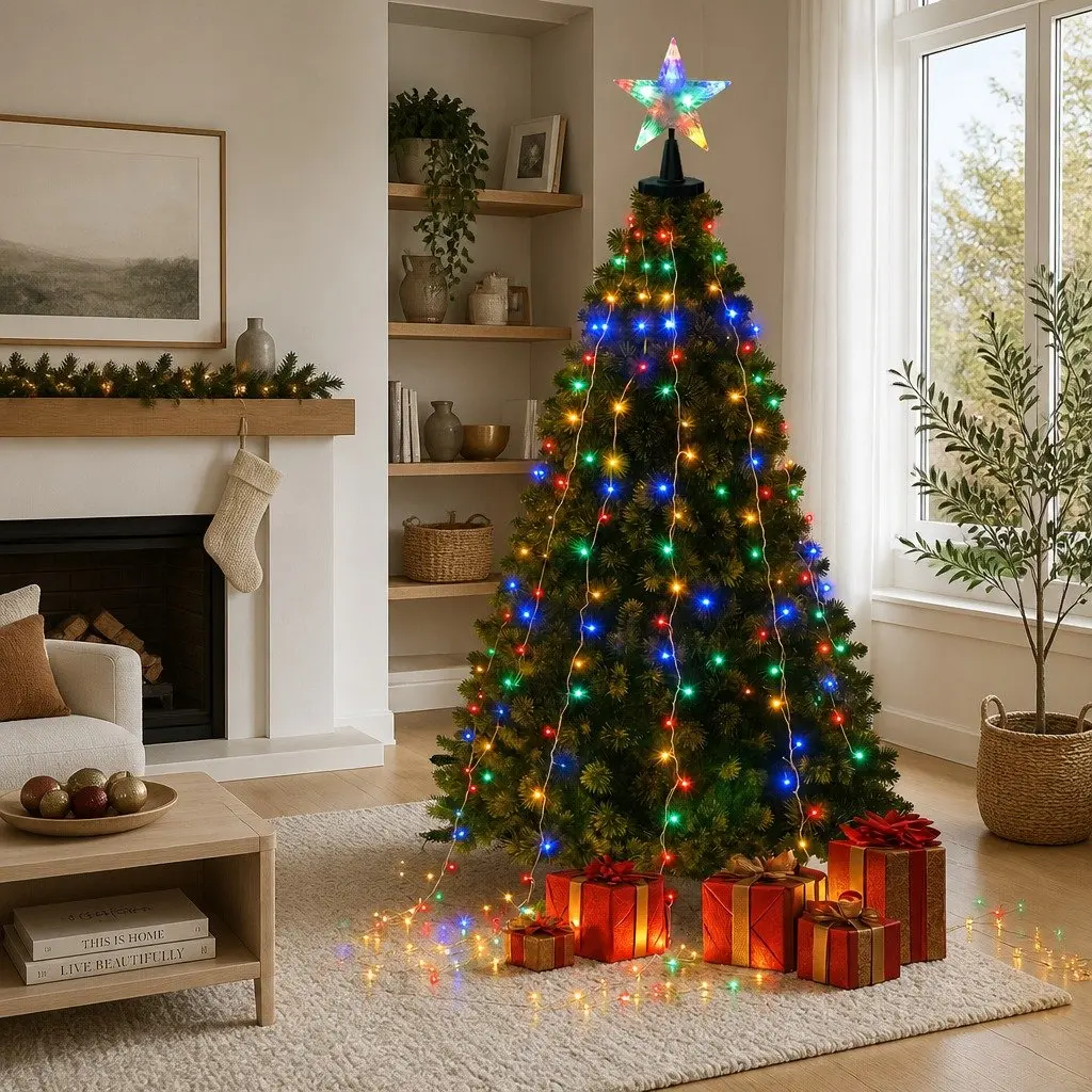 Christmas Waterfall String Lights Multicolour 2.5M 300 LED Star Topper Eight Lighting Modes