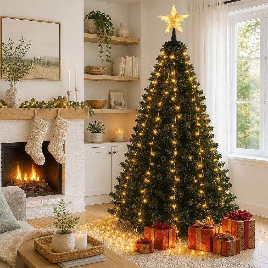 Christmas Waterfall String Lights Warm White 2.5M Star Topper Eight Lighting Modes Water Resistant