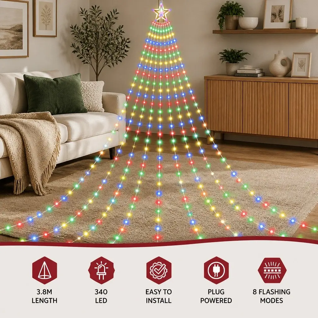Christmas Waterfall String Lights Multicolour 3.8M 340 LED Eight Lighting Modes with Star Topper