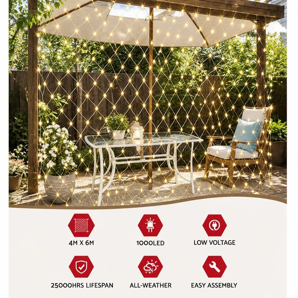LED Net String Lights Warm White 4m x 6m Eight Lighting Modes Water Resistant Outdoor Christmas Decoration