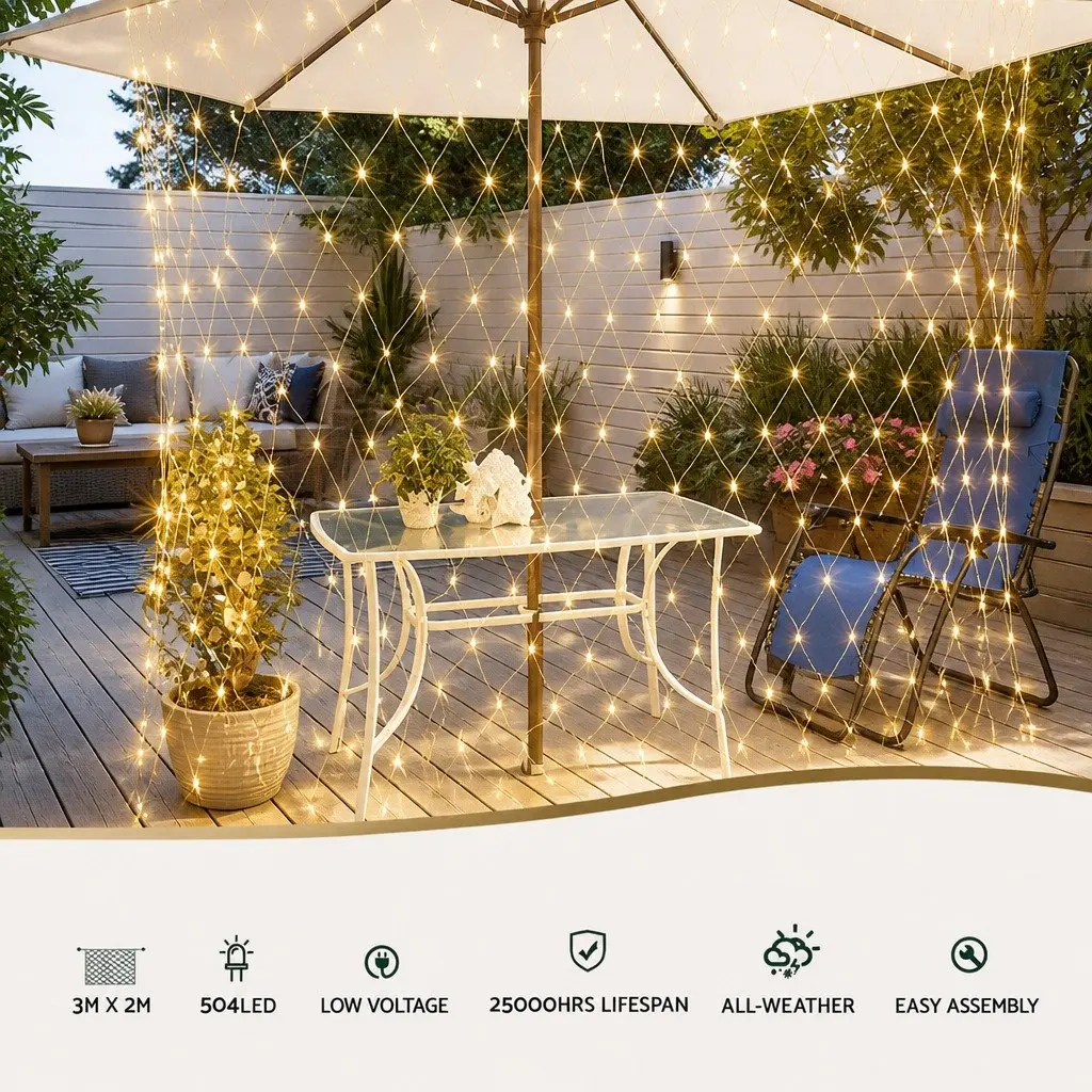 Christmas Net Lights Warm White 3M x 2M Solar Powered 504 LED Outdoor Indoor