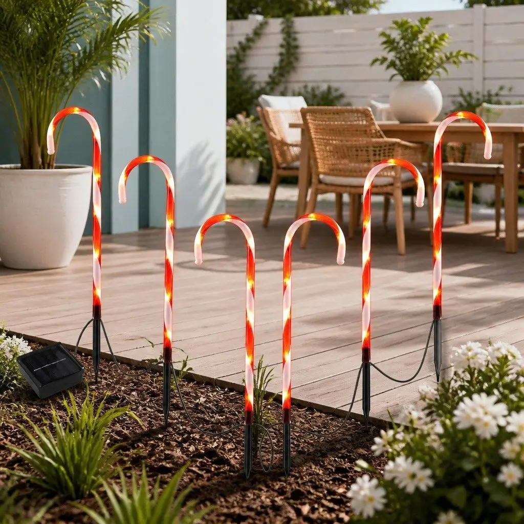 LED Christmas Path Lights White 6 Piece Solar Powered Water Resistant 42 Bulbs Eight Lighting Modes