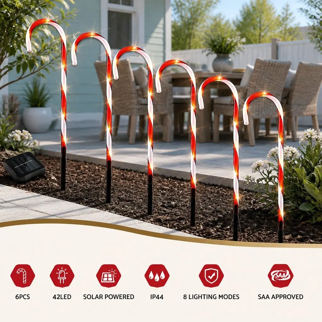 LED Christmas Path Lights White 6 Piece Solar Powered Water Resistant 42 Bulbs Eight Lighting Modes
