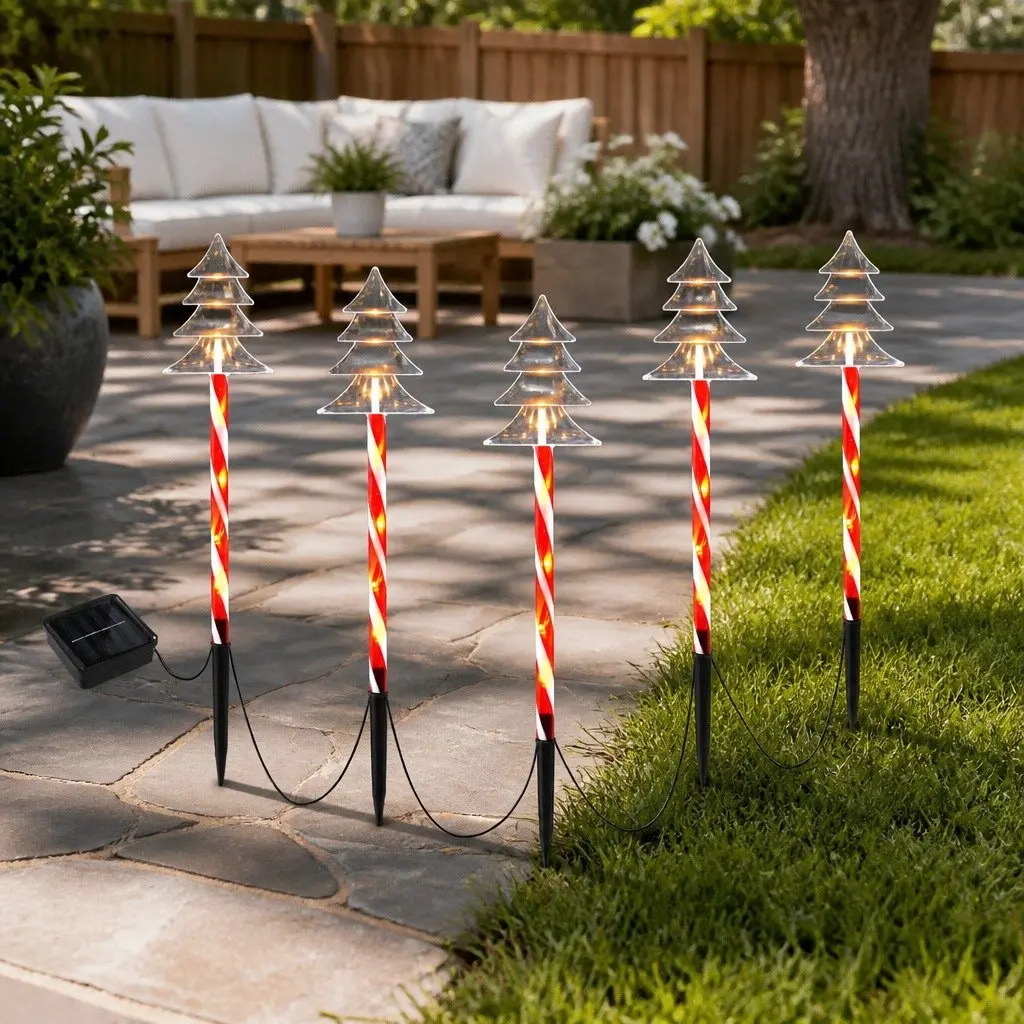 Christmas Ground Lights Red 5 Piece Solar Powered LED 25 Bulbs Warm White Light