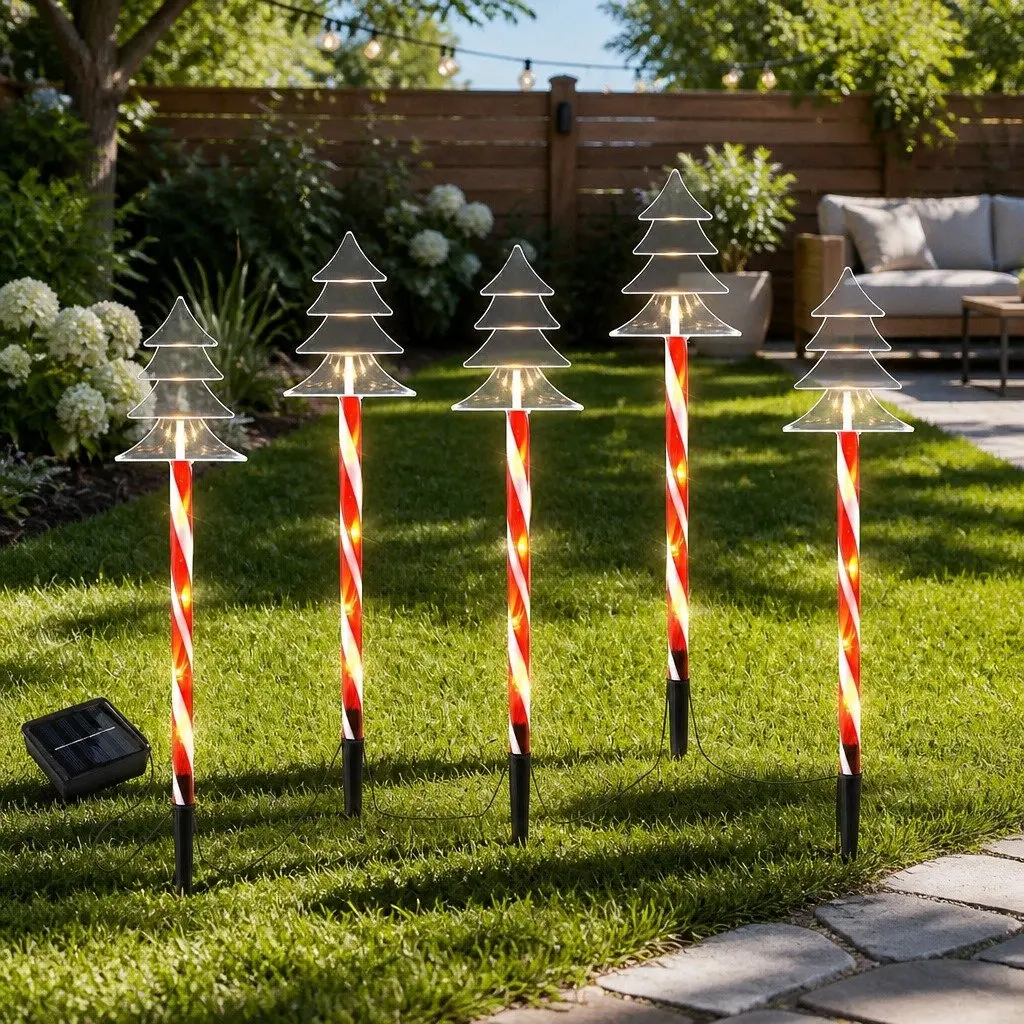 Christmas Ground Lights Red 5 Piece Solar Powered LED 25 Bulbs Warm White Light