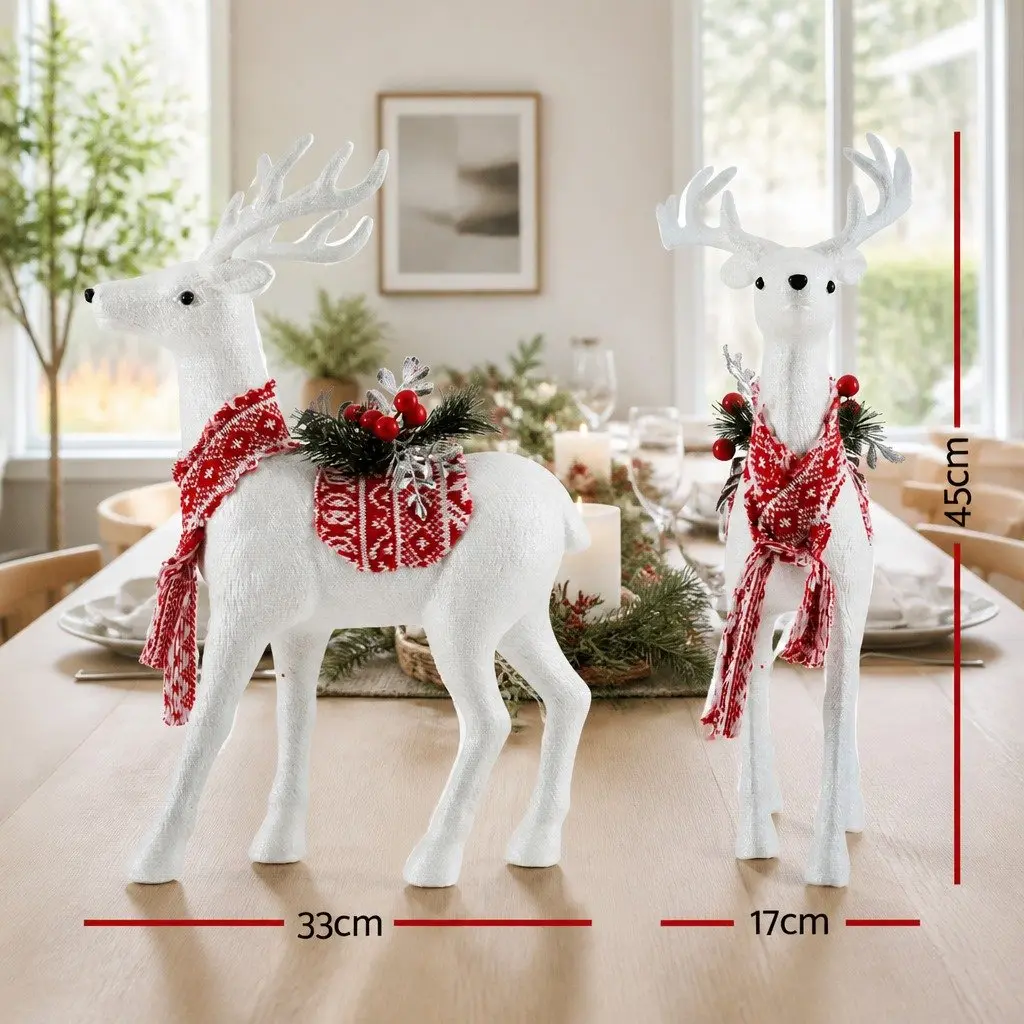Christmas Decorations White Standing Reindeer 45cm High-Gloss Silver Glitter with Red Scarf Berries and Baubles