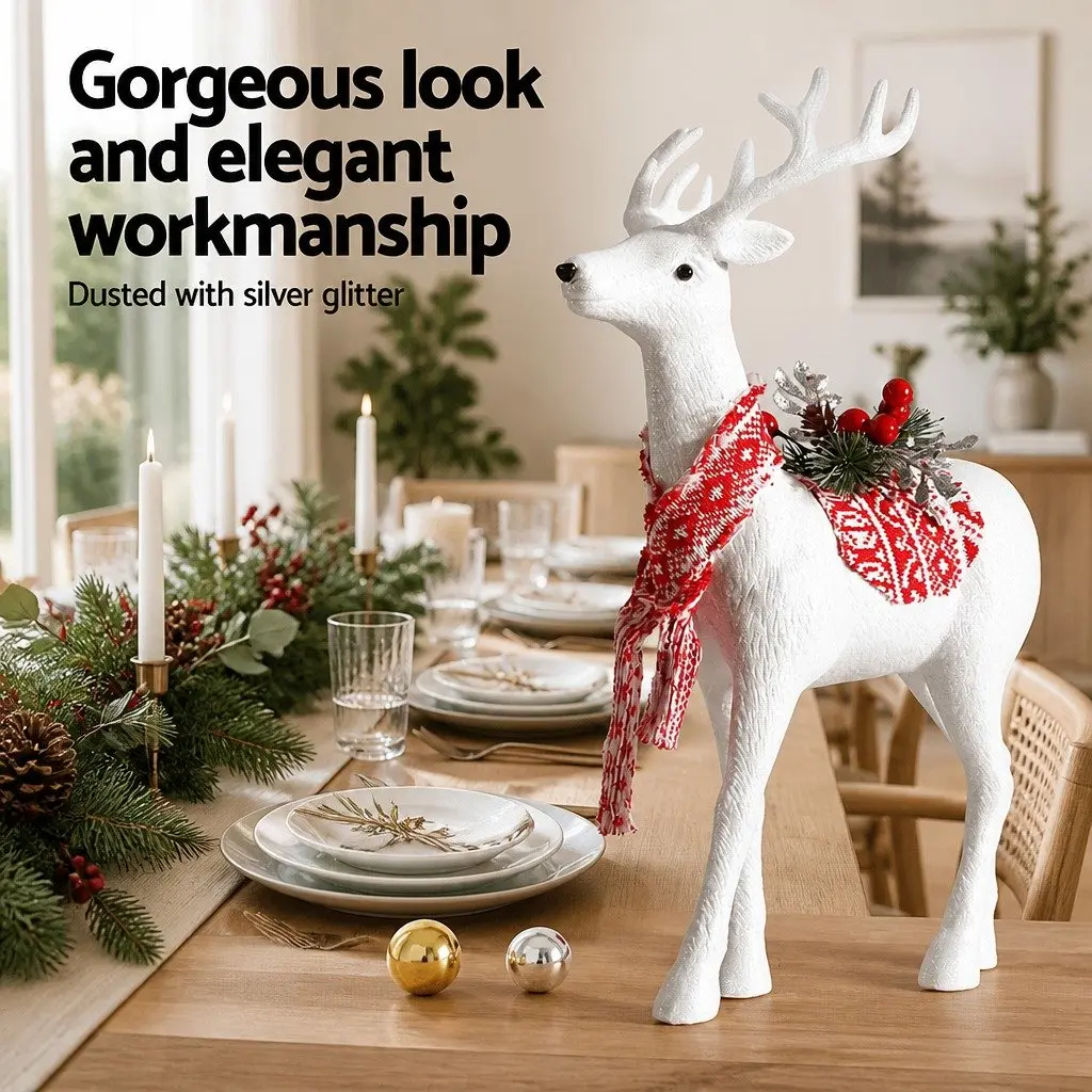 Christmas Decorations White Standing Reindeer 45cm High-Gloss Silver Glitter with Red Scarf Berries and Baubles