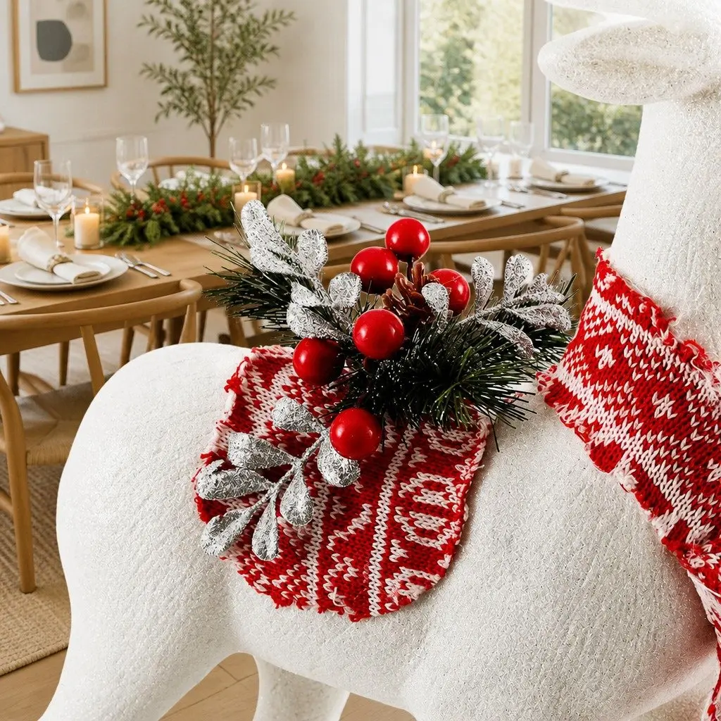 Christmas Decorations White Standing Reindeer 45cm High-Gloss Silver Glitter with Red Scarf Berries and Baubles