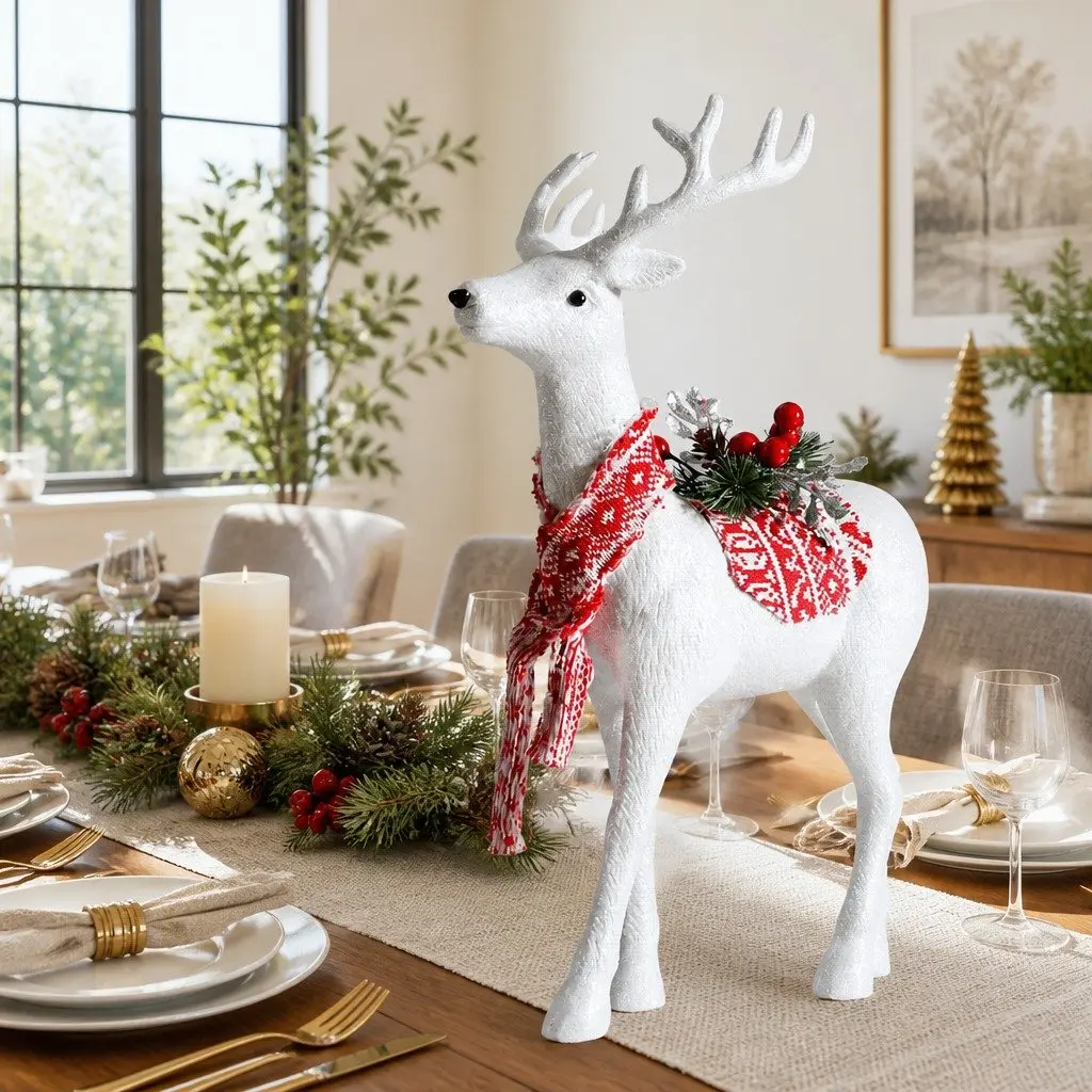 Christmas Decorations White Standing Reindeer 45cm High-Gloss Silver Glitter with Red Scarf Berries and Baubles