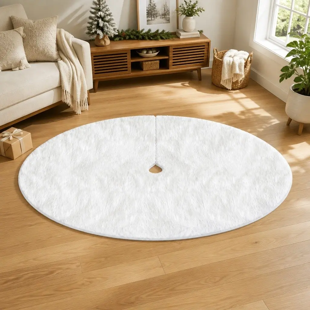Christmas Tree Skirt White 120cm Plush Fluffy Two-layer Construction
