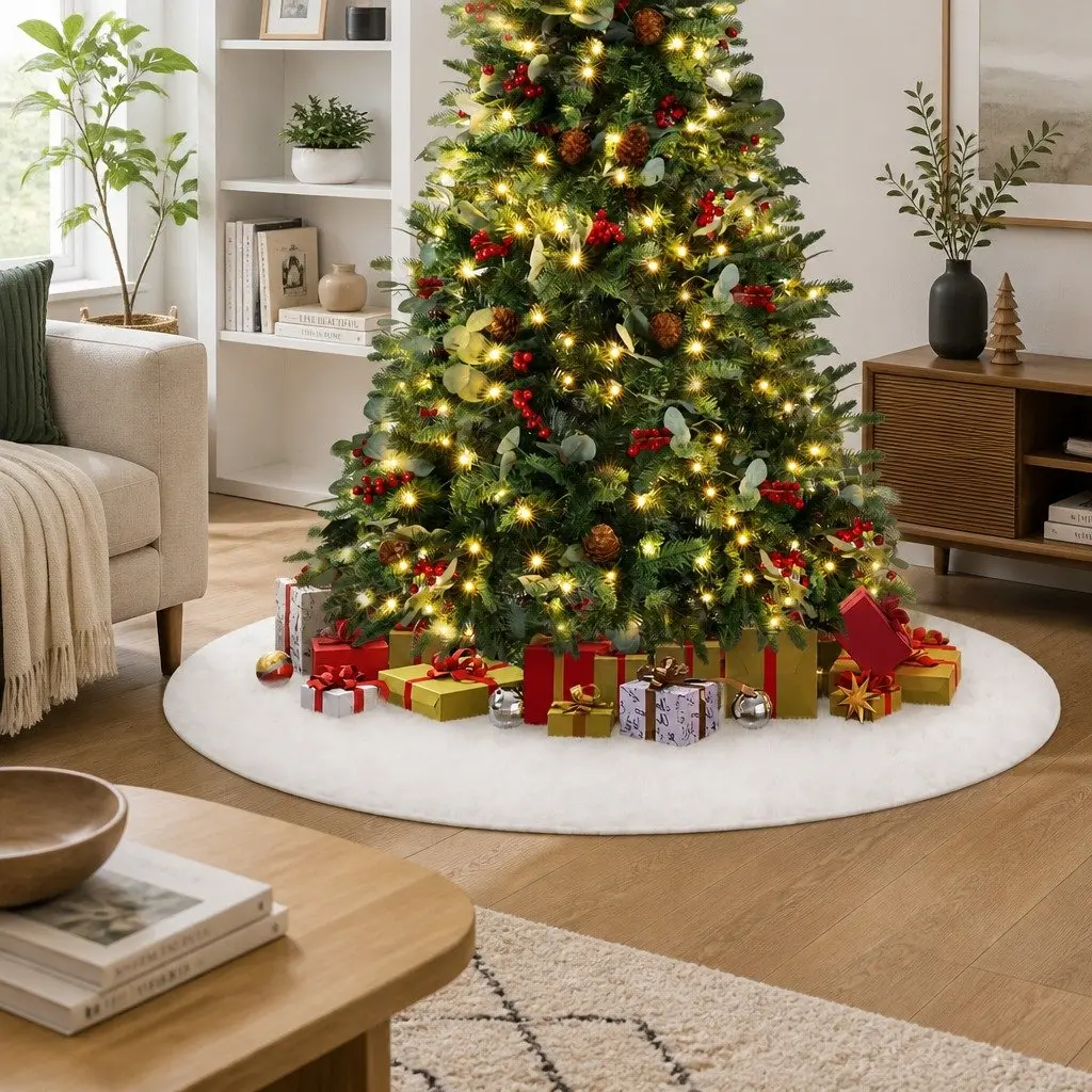 Christmas Tree Skirt White 120cm Plush Fluffy Two-layer Construction