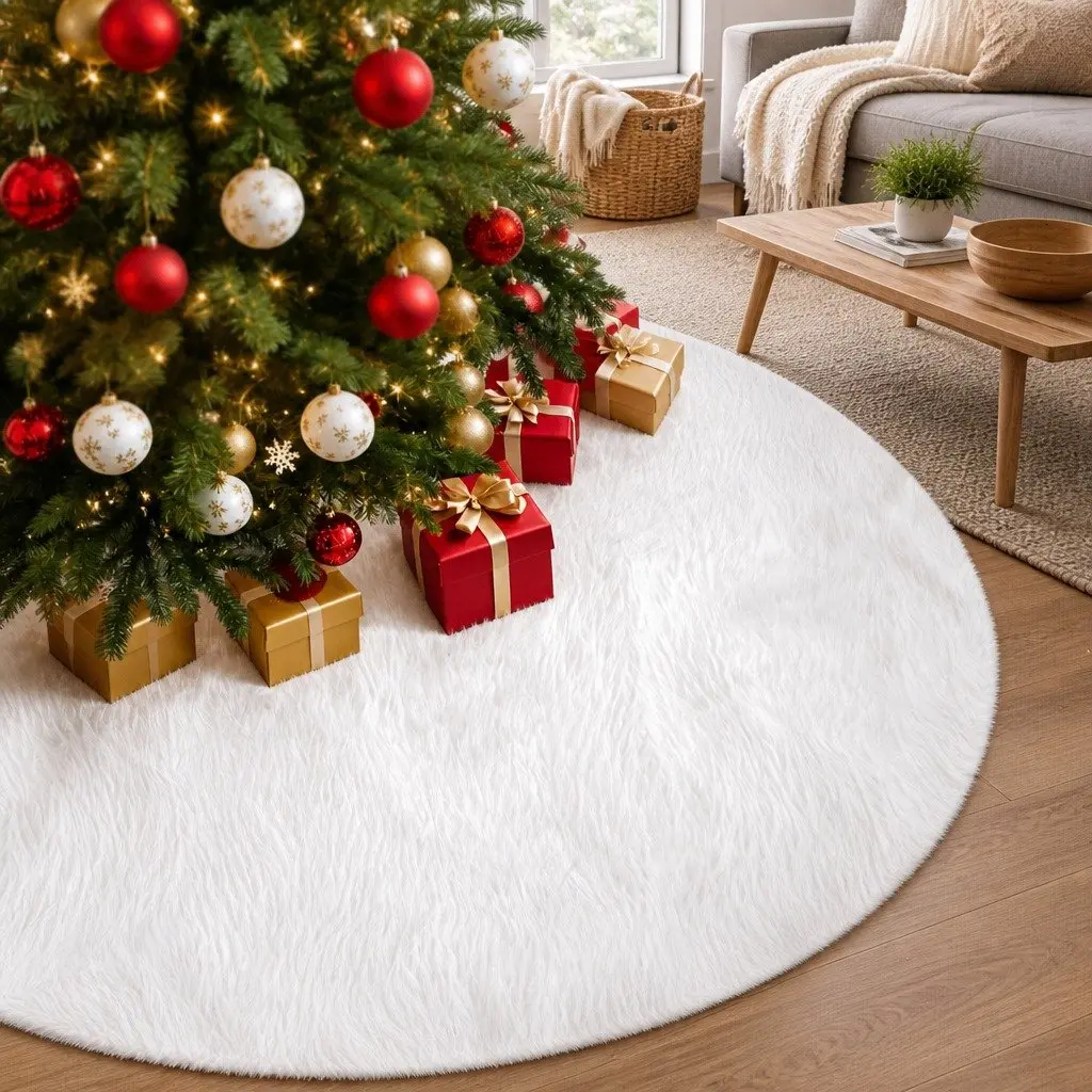 Christmas Tree Skirt White 120cm Plush Fluffy Two-layer Construction