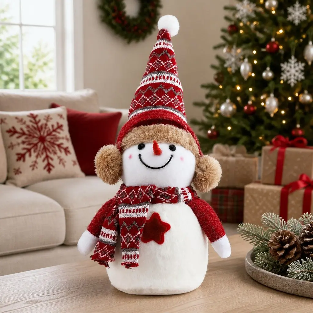 Christmas Snowman Plush Ornament Red and White 35cm No Assembly Required Festive Holiday Decor