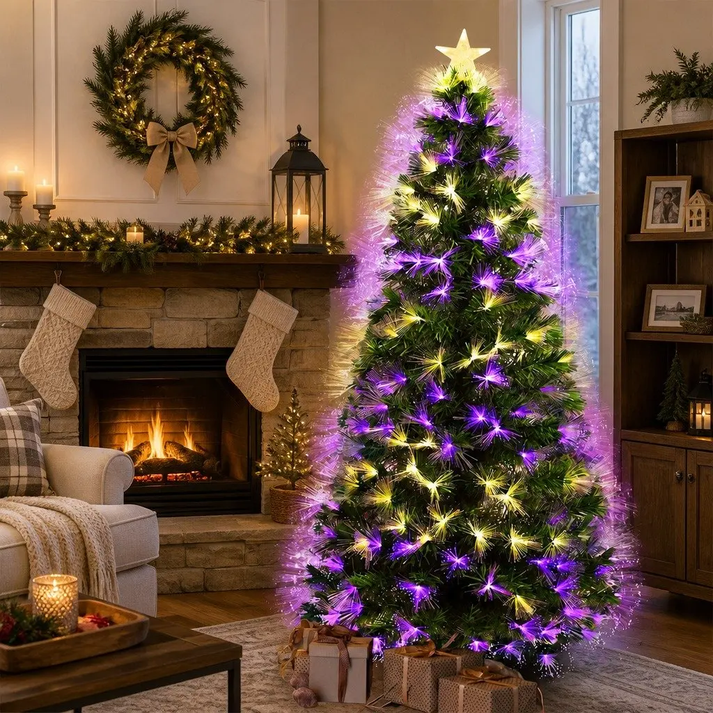Fibre Optic Christmas Tree Green 2.1M 8 Flash Modes Realistic Pine Needles Steel Base