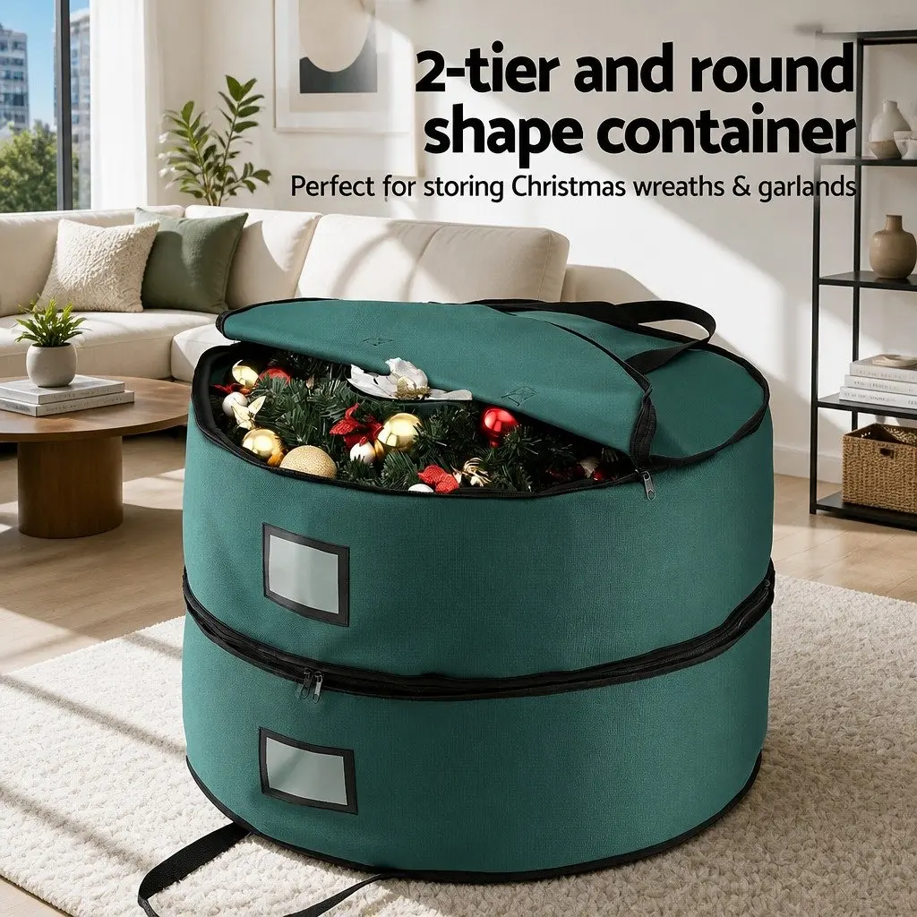 Christmas Garland Wreath Storage Bag 2-Tier Ornaments Holder 60cm Green