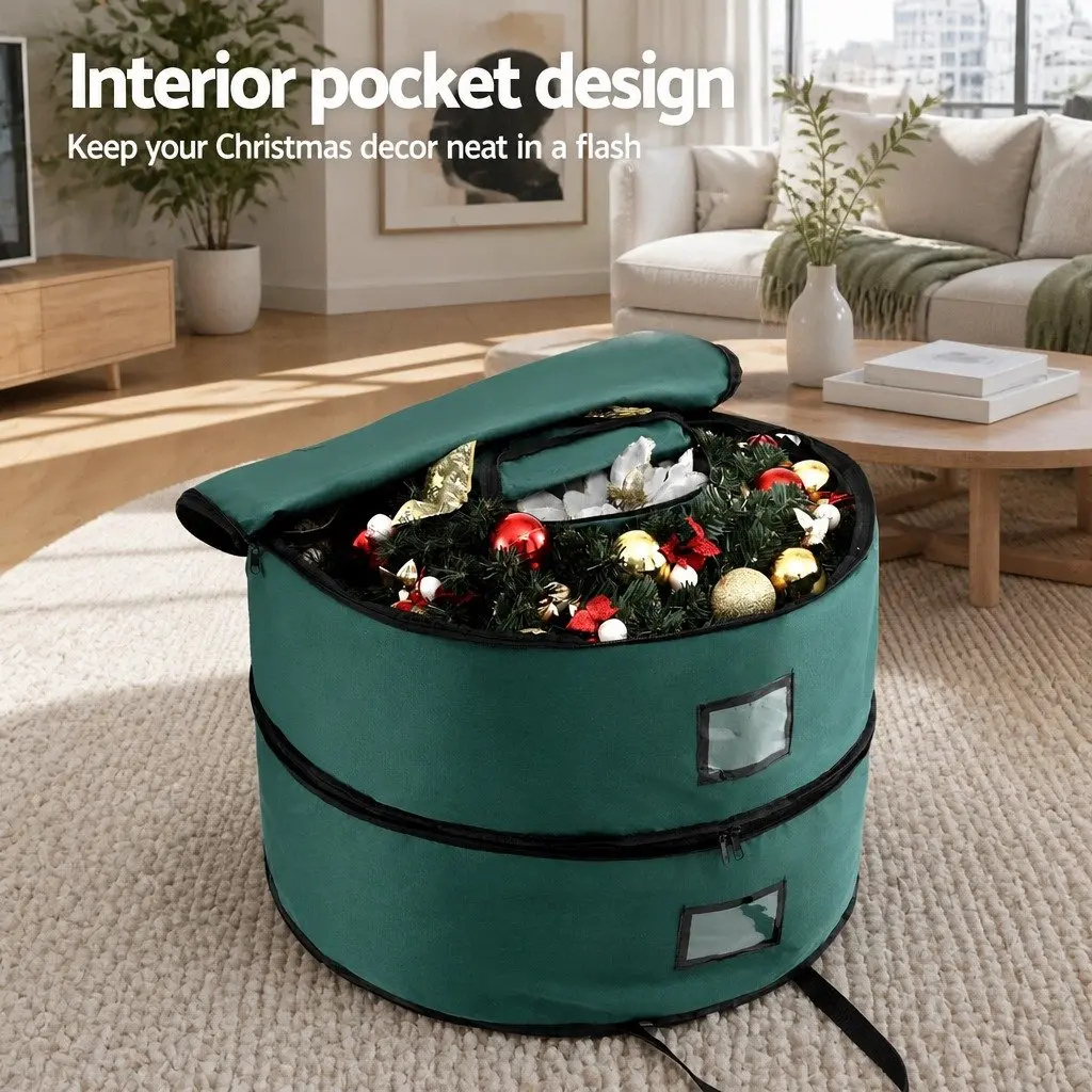 Christmas Garland Wreath Storage Bag 2-Tier Ornaments Holder 60cm Green