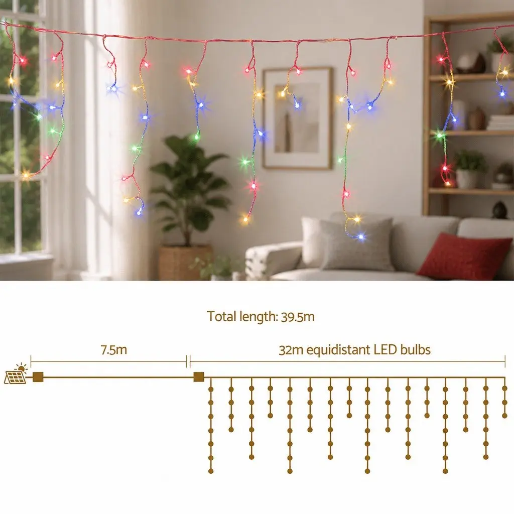 Christmas Icicle Lights Multicolour 32M 960 LED Solar Powered Outdoor Decoration