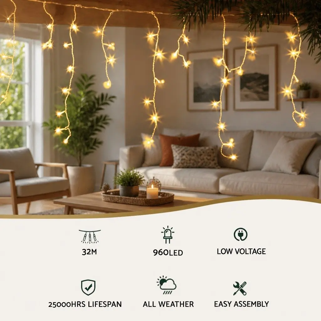 Icicle Christmas Lights Warm White 32M 960 LED Solar Powered Outdoor Decoration