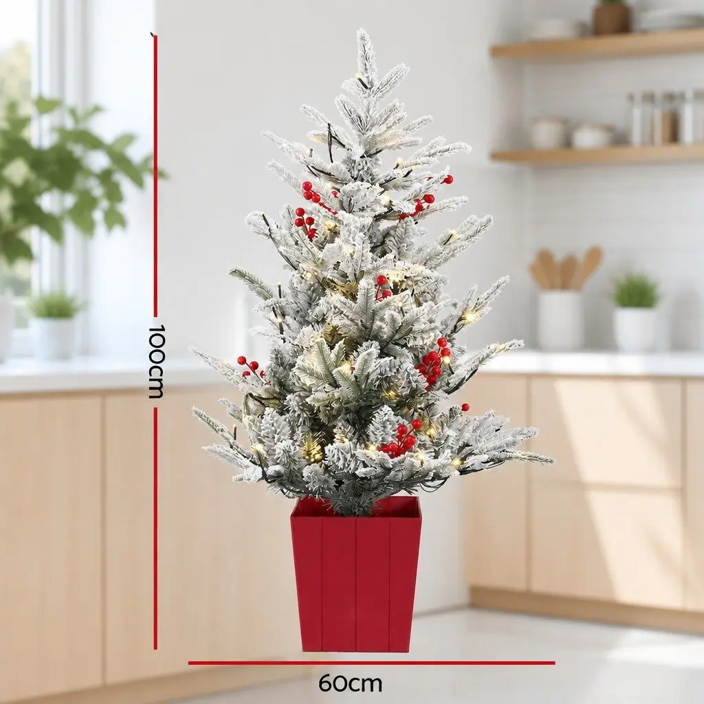 Christmas Tree Green 100cm Potted Flocked with Red Berries and Warm White LED Lights