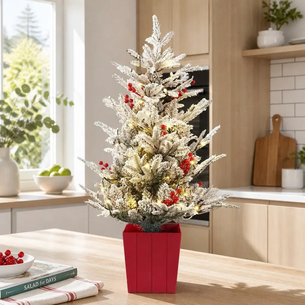 Christmas Tree Green 100cm Potted Flocked with Red Berries and Warm White LED Lights