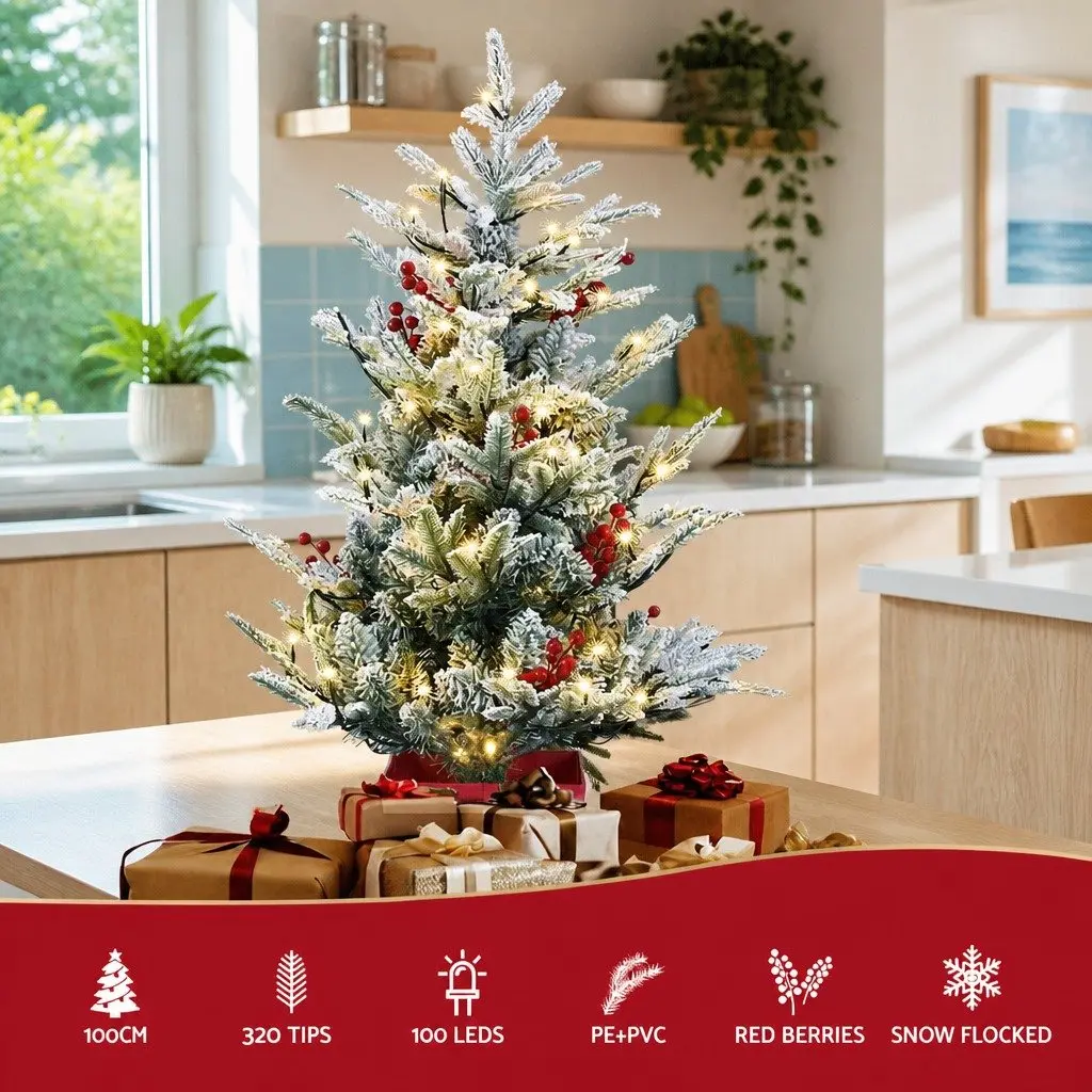 Christmas Tree Green 100cm Potted Flocked with Red Berries and Warm White LED Lights