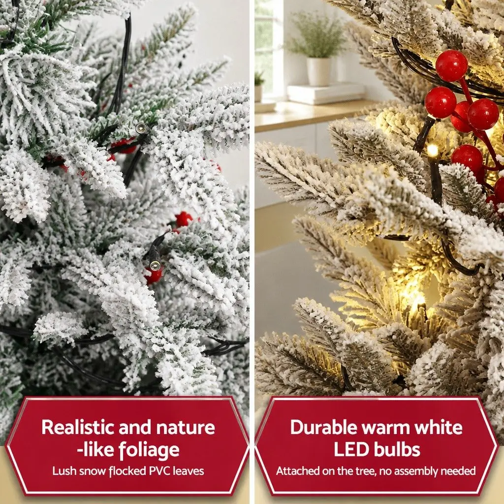 Christmas Tree Green 100cm Potted Flocked with Red Berries and Warm White LED Lights