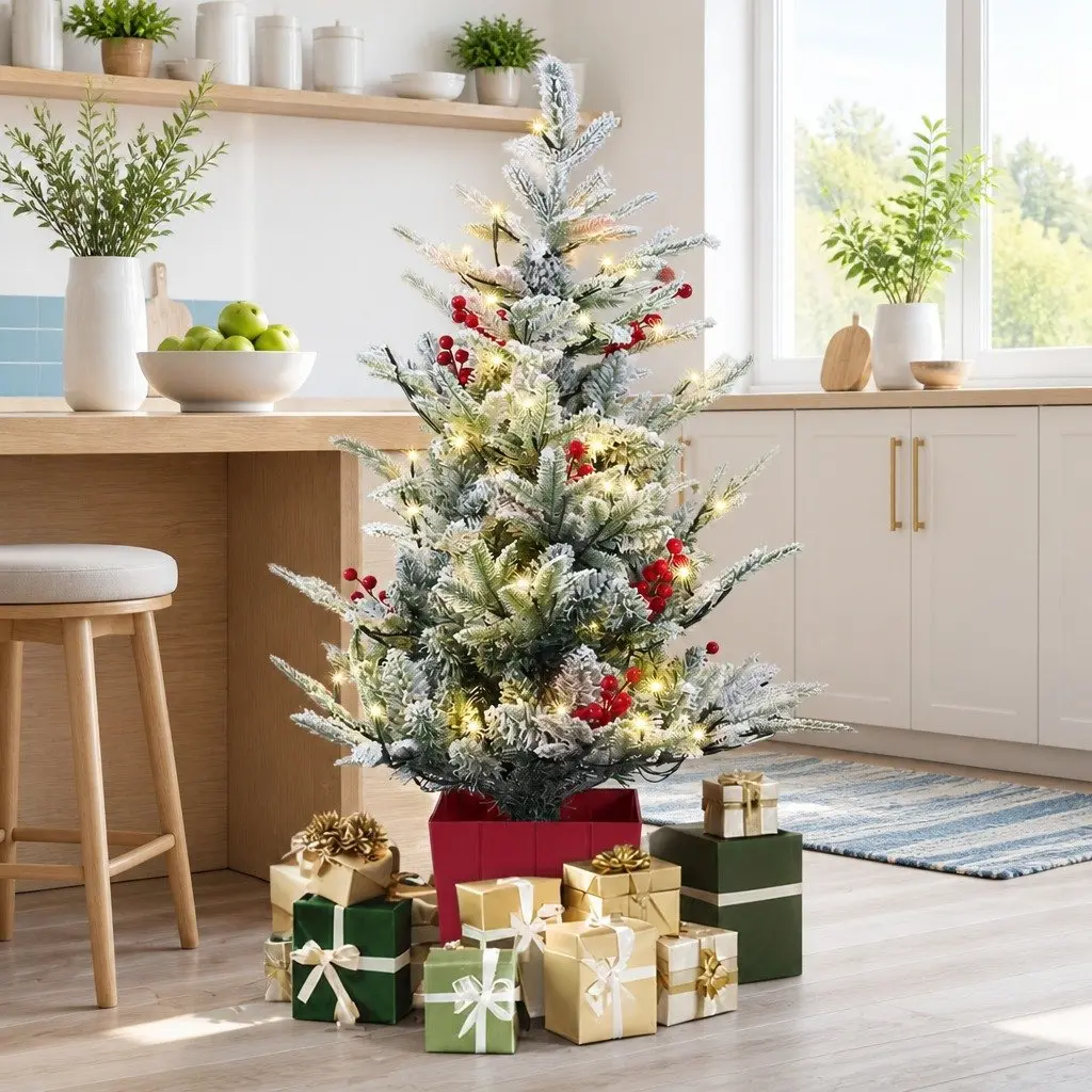 Christmas Tree Green 100cm Potted Flocked with Red Berries and Warm White LED Lights