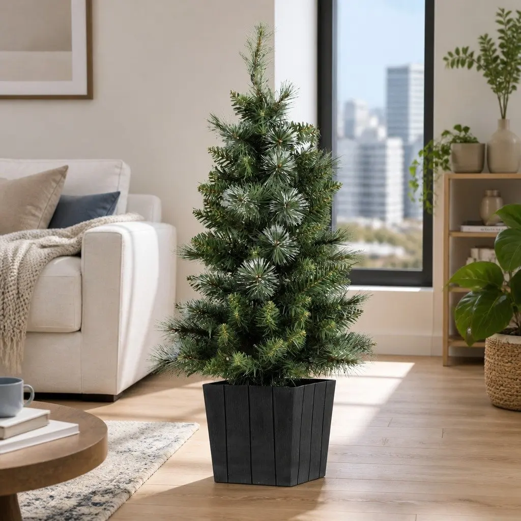 Christmas Potted Tree 90cm Warm White LED Lights Bucket Base Holiday Decoration