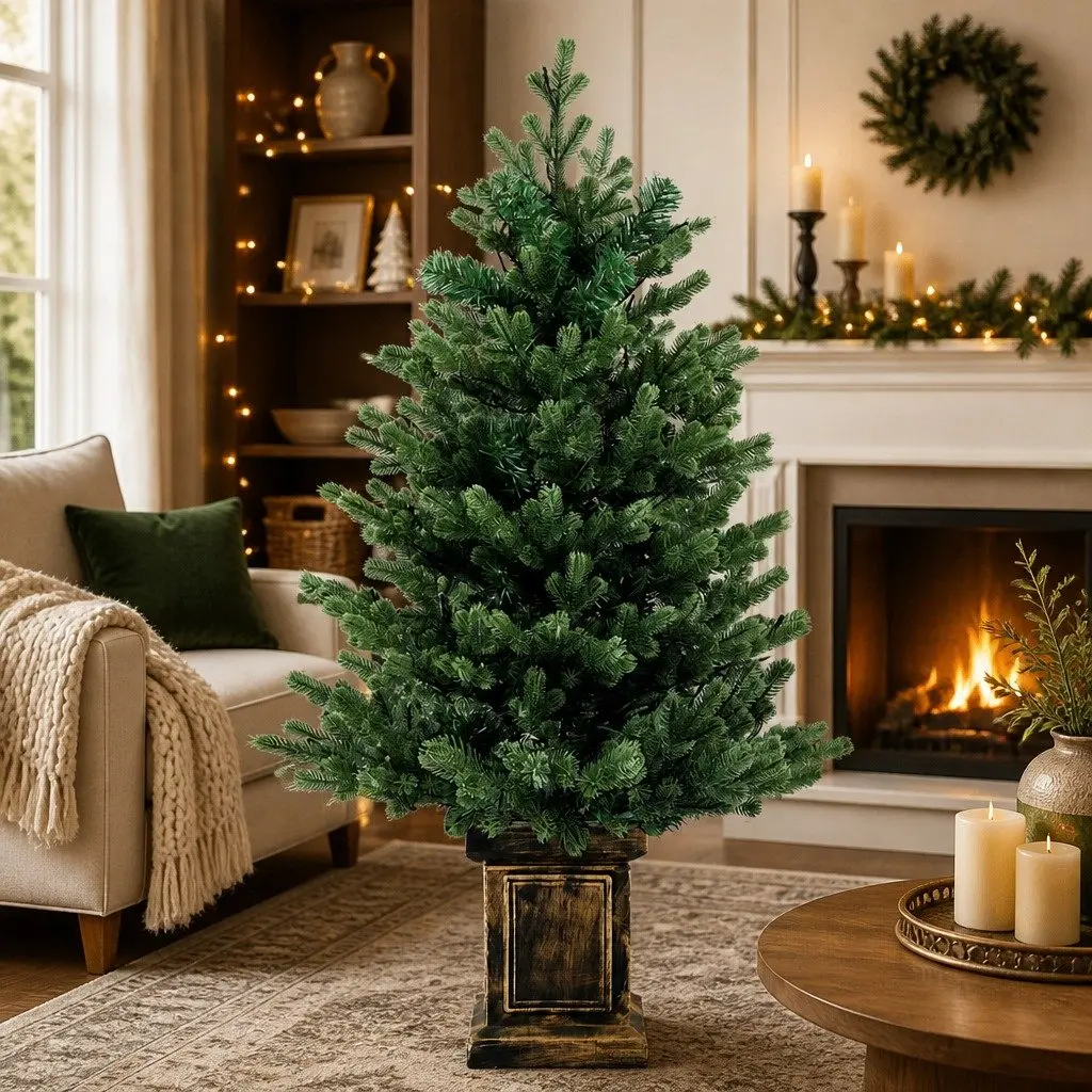 Pre-Lit Potted Christmas Tree Green 1.2M Warm White LED Lights 8 Flashing Modes