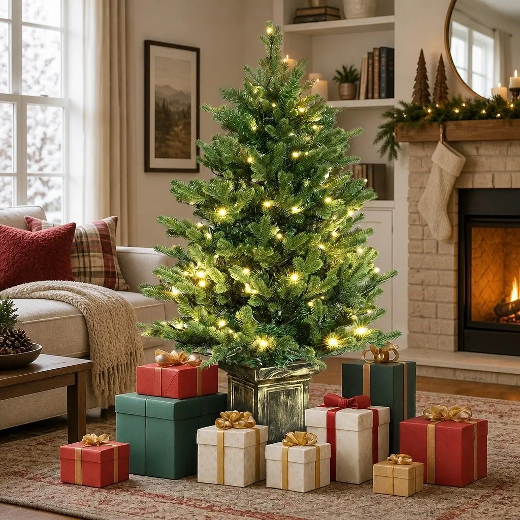Pre-Lit Potted Christmas Tree Green 1.2M Warm White LED Lights 8 Flashing Modes