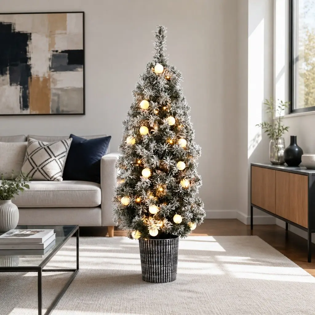 Christmas Tree Green 1.2M Potted with LED Lights Bucket Base Indoor