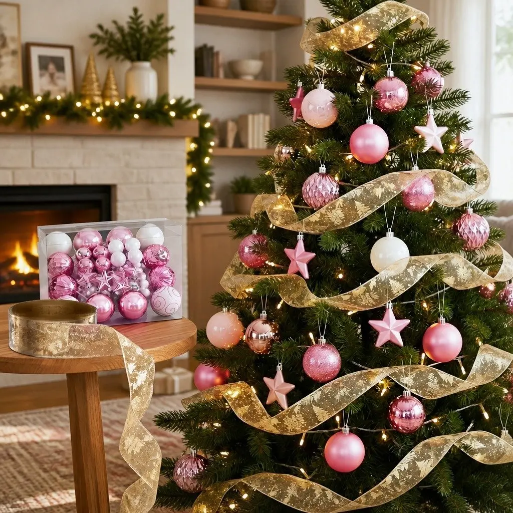 Christmas Tree Decoration Set Gold Pink White 34 Piece Shatterproof Ornaments and Decorative Ribbon