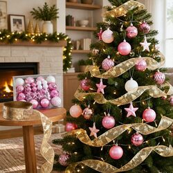 Christmas Tree Decoration Set 34pcs Ribbon Baubles Ornaments Gold Pink White
