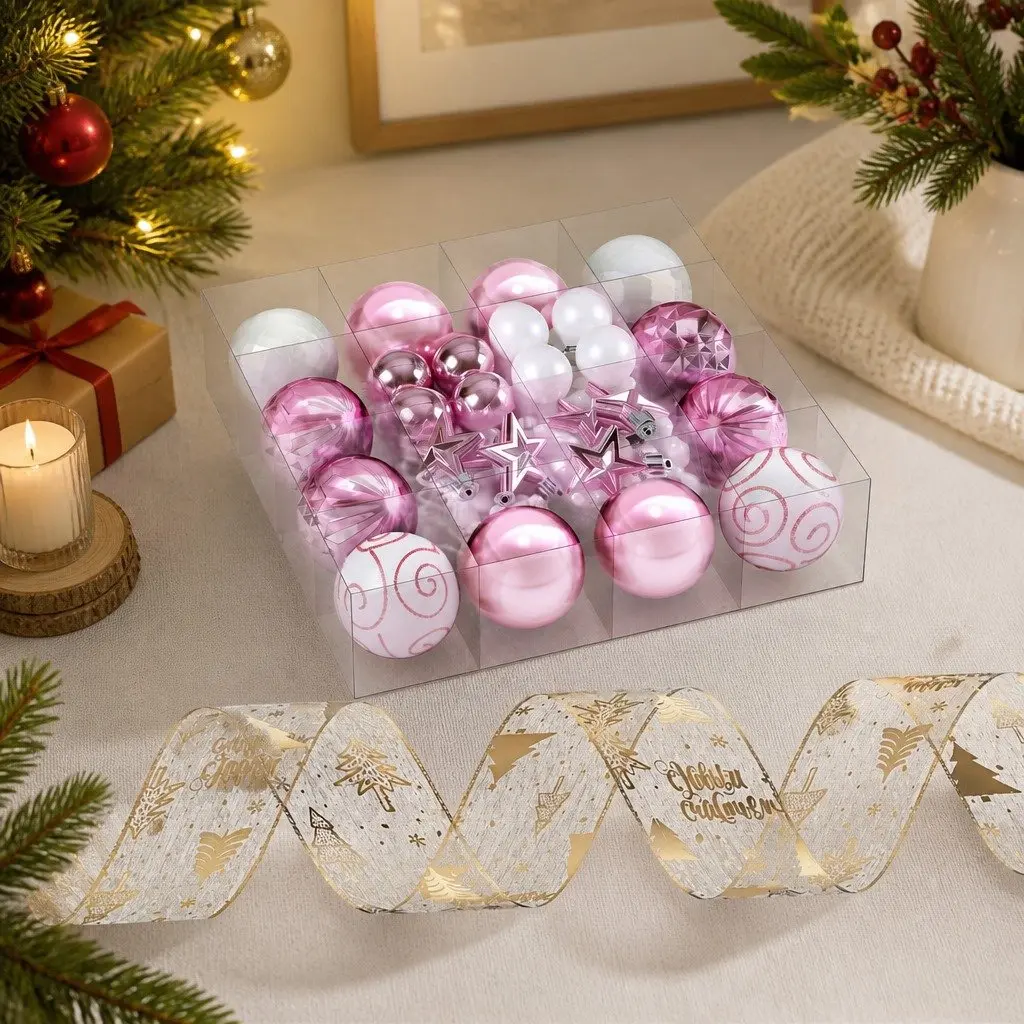 Christmas Tree Decoration Set Gold Pink White 34 Piece Shatterproof Ornaments and Decorative Ribbon