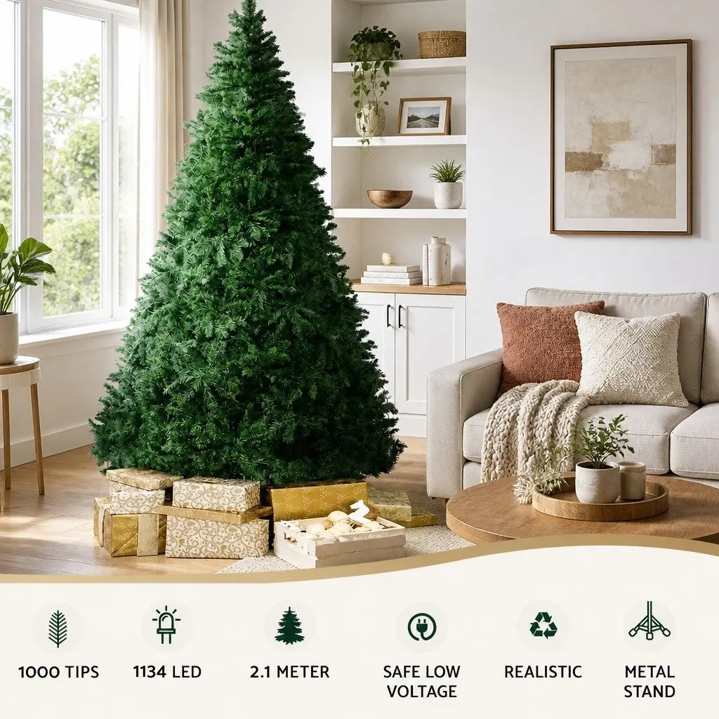 Christmas Tree Multi Colour 2.1m Pre-Lit 8 Light Modes LED Decoration