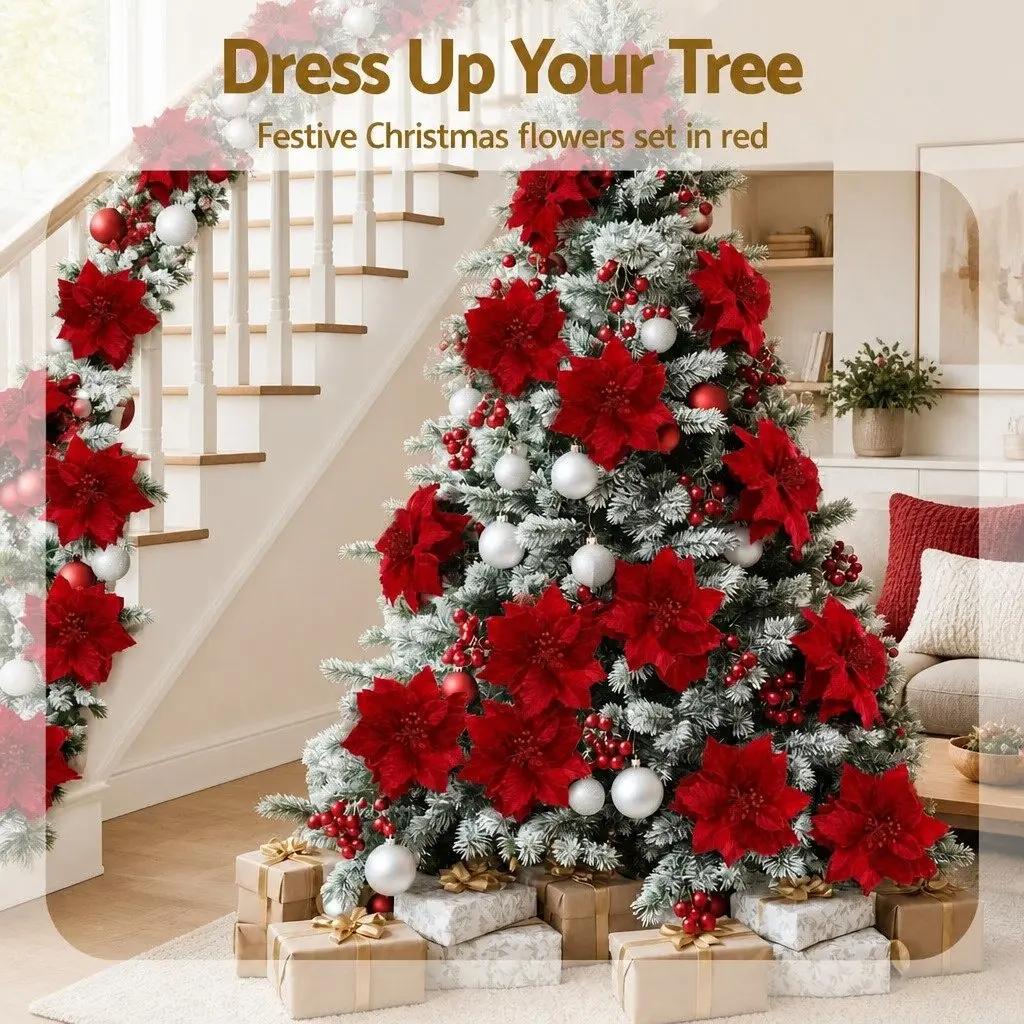 14 Piece Red Poinsettia Flowers Christmas Tree Garland Wreath Decoration
