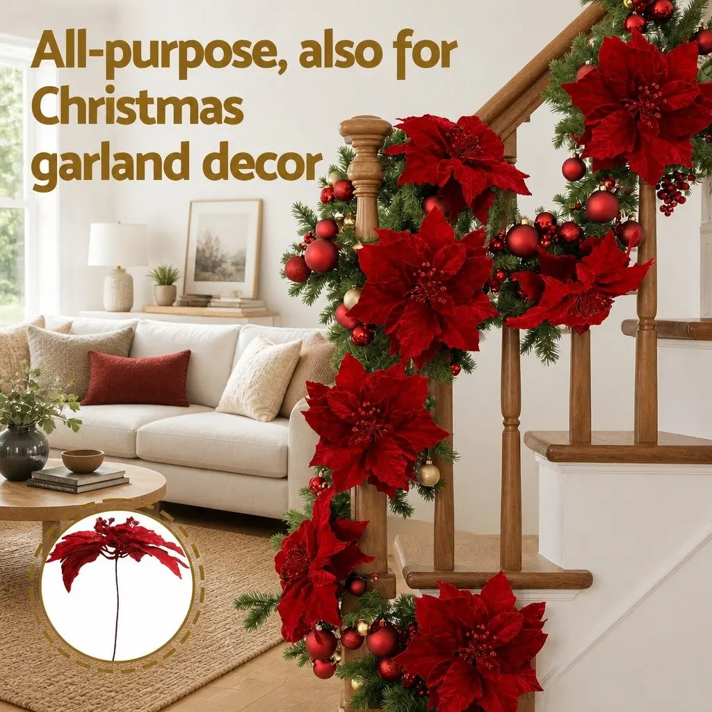 14 Piece Red Poinsettia Flowers Christmas Tree Garland Wreath Decoration