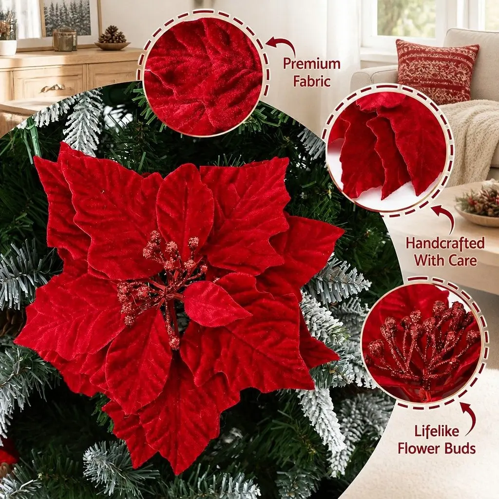 14 Piece Red Poinsettia Flowers Christmas Tree Garland Wreath Decoration