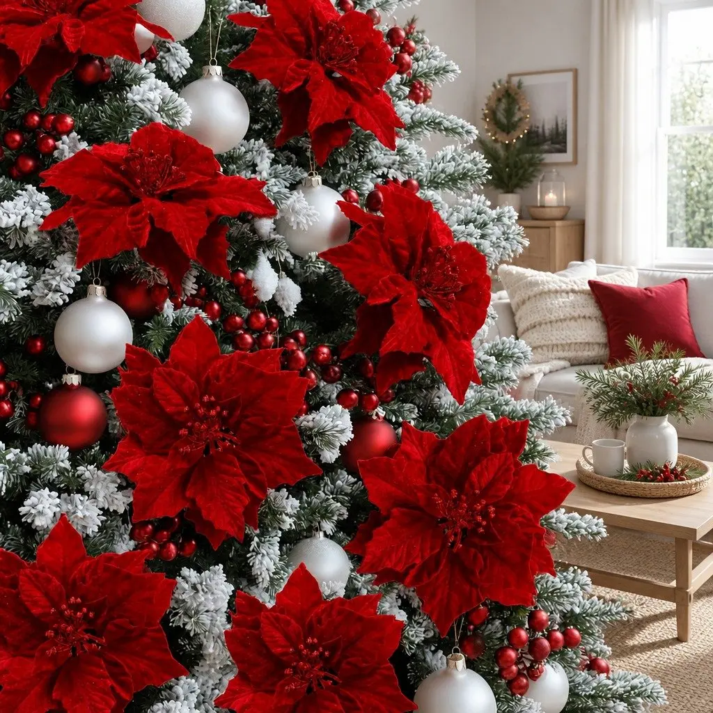 14 Piece Red Poinsettia Flowers Christmas Tree Garland Wreath Decoration