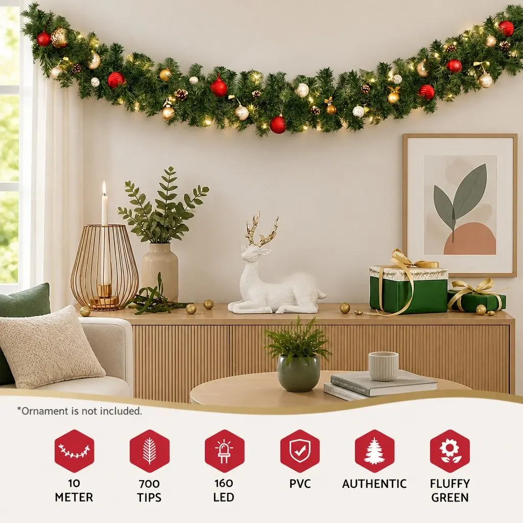 Christmas Garland Green 10M Prelit with 160 Warm LED Lights 700 Tips